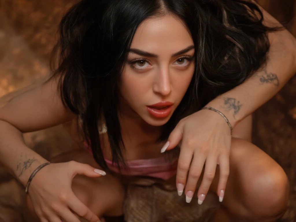 Lucia, annoyed, , looking at the camera , , ,nude, , , exhaust, , on all fours ,in her bed, above the camera, from the side , red lipstick