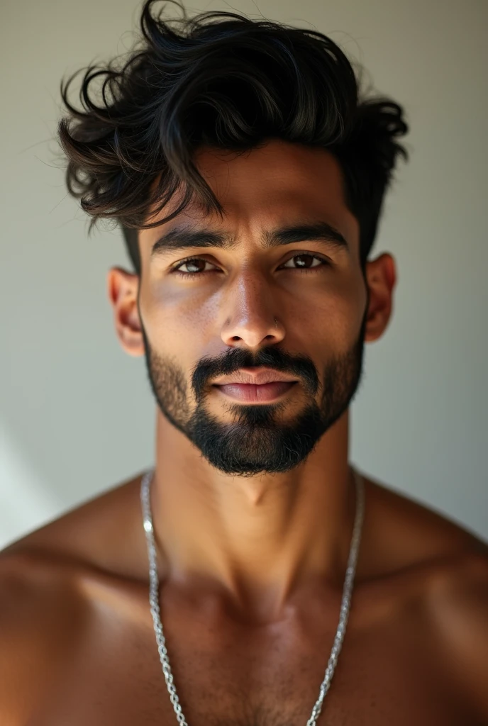 photograph of a beautiful man with black curly hair and a beard, he is naked, he is sitting sideways on a chair, leaning over a bench, professional photography, sensual gay shoot, photography with studio lighting in a dark environment, high resolution