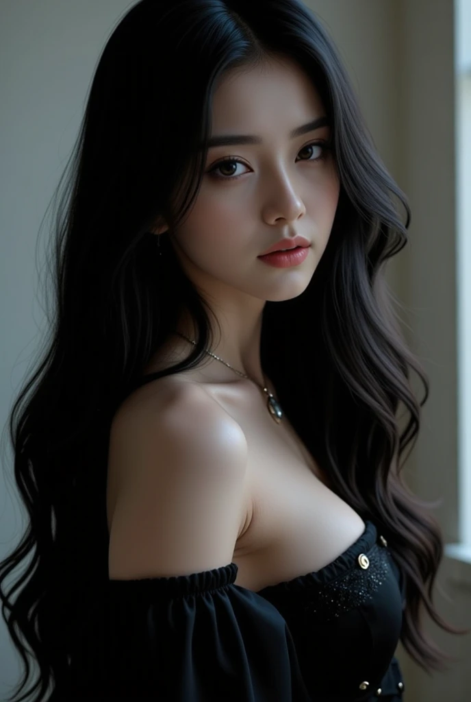 best quality, masterpiece, ultra high resolution, (realistic:1.5), raw photo, 1 woman, Off shoulder, in the dark, deep shadows, low key, cold light, sexy look, long hair, vogue shoot, model shoot