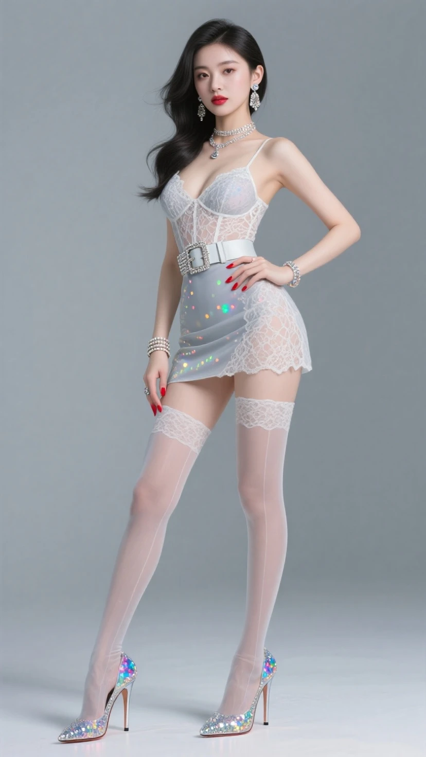E-commerce female model photography, white background, model height 1.68, wearing dress, super realistic details, commercial photography, dynamic pose, 3D C4D, 8k