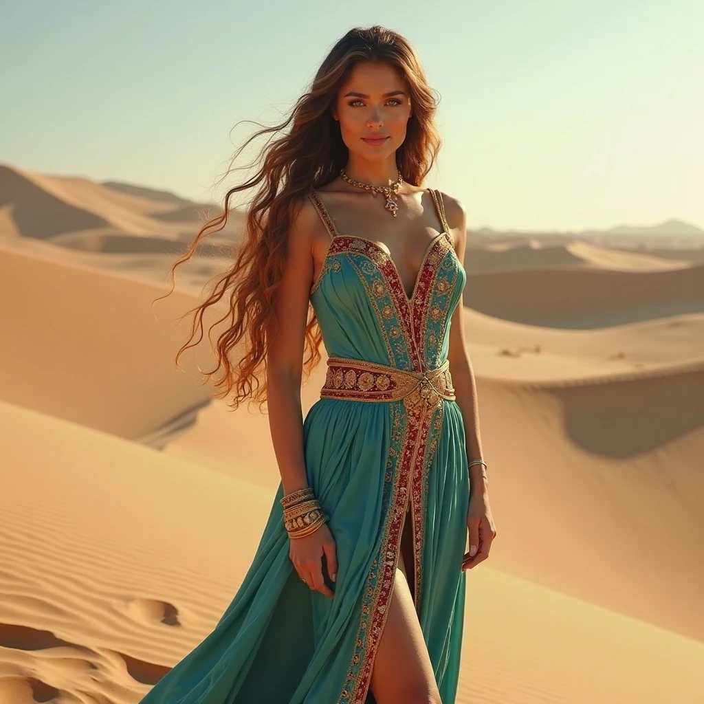 High contrast, (8K wallpapers: 1.3), realistic, octane rendering, realistic, (realistic face: 1.2), sharp focus, (masterpiece), (best quality), (mirror lighting: 1.5), light on the face, (goddess, flowing brown long hair: 1.3), noble and gorgeous, 1 goddess, (standing by the water: 1.4), reflection, real, slim figure, sky blue and light pink evening dress, crystal necklace, gorgeous fabric, diamond earrings, metal bracelet, atmospheric walking posture, red lips, High heels, white stockings, lighting effects, shining light, blue sky, desert, (gorgeous:1.2), (elegant:1.1), (confident:1.1)
