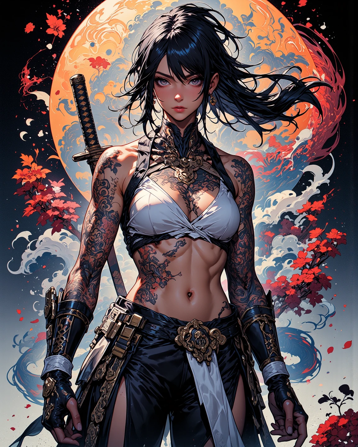 Mujer japonesa con katana, Samurai, tatuajes en el cuerpo, hermosa, rostro detallado, cuerpo completo, bikini, ojos lindos, arte lineal, Monocromo, (alta calidad)