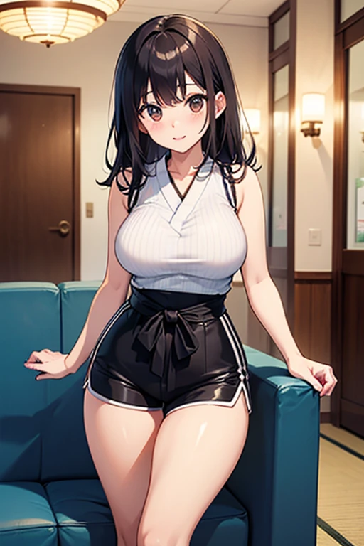 Anime Kawaii sexy Perfect Slim sensuous body large breast and huge thighs, An intricate and highly detailed illustration of anime (Young girl) fullcolor, 1womanl, defined body, Bblack hair, blue colored eyes, breasts big, sport cloth, equipped diver, Navy color, white blouse, tight, black t-back thong, sensuous, undergarment, Ultra high quality, wall-paper, Living room, big mirror, mirada coqueta, Sweet face.