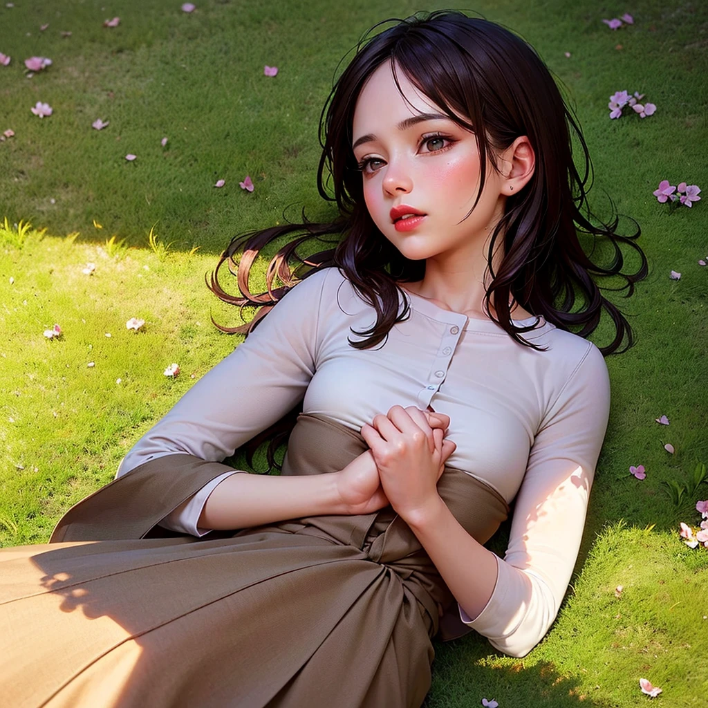 perfect and photorealistic full body illustration. Sweat and wet body, lying on the ground. In the forest, surrounded by flowers. A women model, (schoolgirl uniform: white neckline and green mini-skirt). Long light brown hair tied in a ponytail, green eyes and white skin, with a perfect body, beautiful hips, shapely legs. Big chest, beautiful gradient, Full body, Beautiful anime style girl, clean detailed facesKawaii, anime girl, massive chest, full body, Uhd digital painting, hyperdetailed triadic colors, unreal engine, fantastical, intricate detail, complementary colors, fantasy concept art, 8k resolution, deviantart masterpiece, oil painting, heavy strokes, dynamic light source, (perfect high detailed hands, perfect high detailed fingers, beautiful face, high detailed perfect eyes, perfect detailed beautiful full body),