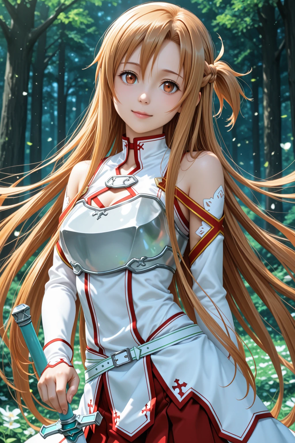 realistic,  asuna, asuna \(sao\), 1 girl, (armor), white cloth, blonde hair, brown eyes, (belt), sitting, smiling, (best quality), (highres), photoshoot, (deep depth of field), (4k uhd), physically-based rendering, beautiful female, perfect skin, shiny skin, 20 years old, sharp face,  (beautiful detailed hair),fantasy