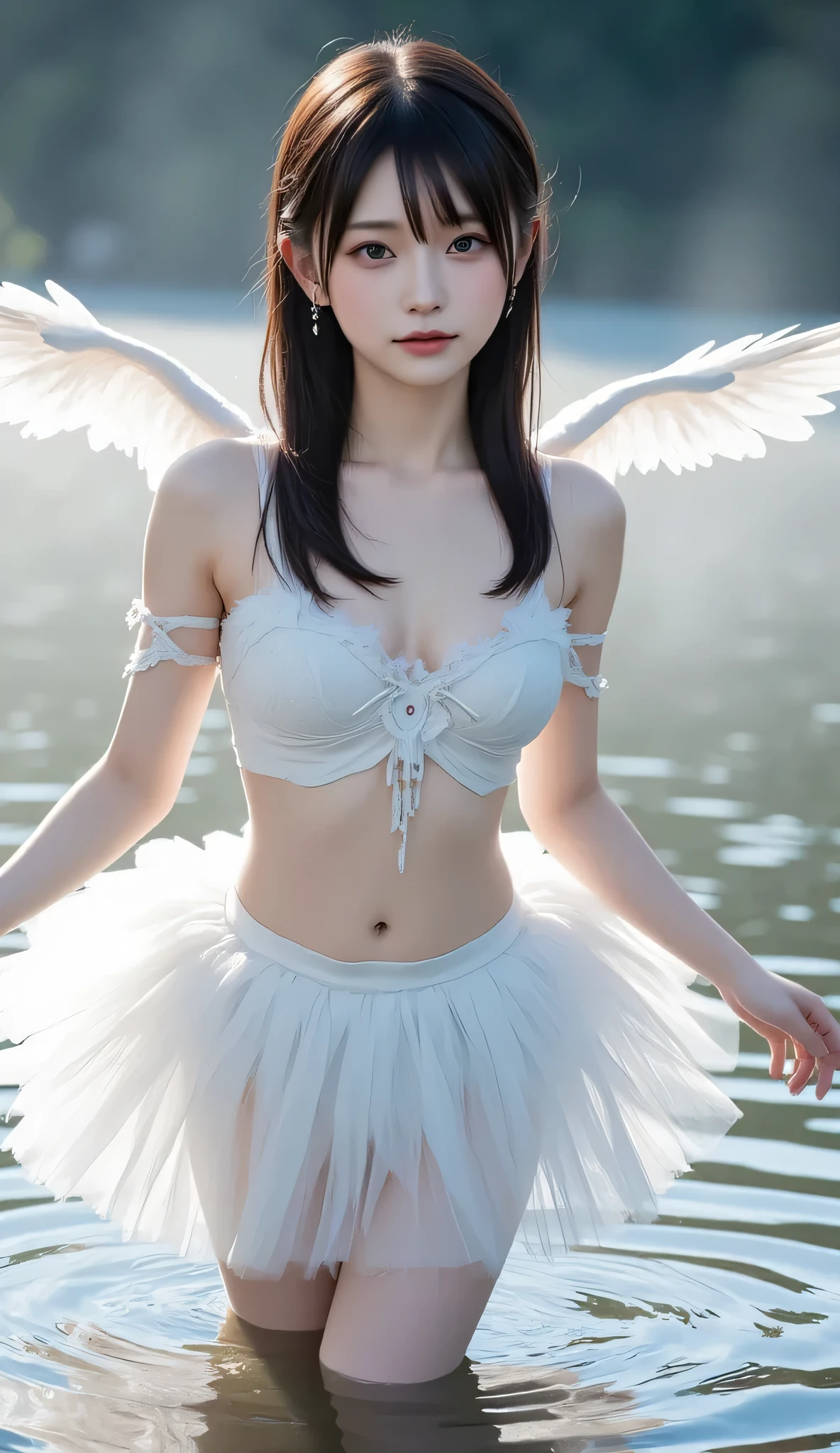 Fairiy with a Japanese face,Lake Cruise,1girl, ((best quality)), ((masterpiece)), (detailed), realistic, photo, ethereal beauty,cute,(black hair:1.2), (black eyes:1.2),Light colored dress,(transparent fairy wings:1.2), exquisite and beautiful face, exquisite collarbone, seductive and delicate collarbone, charming fragrant shoulders, shoulders slightly exposed,peach Red lips,(smile:1.2),beautiful tit,belly button,(pale snow white skin:0.6), (pale milky white porcelain skin:0.6), (smooth translucent white skin:1.7)