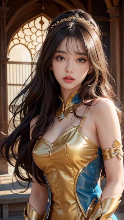 una mujer con un pecho muy grande posa con remera con una avertura adelante con collres de oro and golden eyes, extremadamente detallado, alena aenami and artgerm, :: rossdraws, rossdraws 1. 0, diosa del anime, inspirado en rossdraws, Arte WLOP, wlop y ross , jisoo from blackpink, popular south korean makeup, quality detailed ,(beautiful makeup :1.2), Wide hips, big, big ass, (best quality, 8K, masterpiece: 1.3), Clear focus: 1.2, Perfect body beauty: 1.4, strong abs, Very detailed face and skin texture. , detailed eyes, double eyelids, (long hair), having very marked curves, with greater volume in ((hips and breasts)), which makes the waist look much smaller ((wasp waist