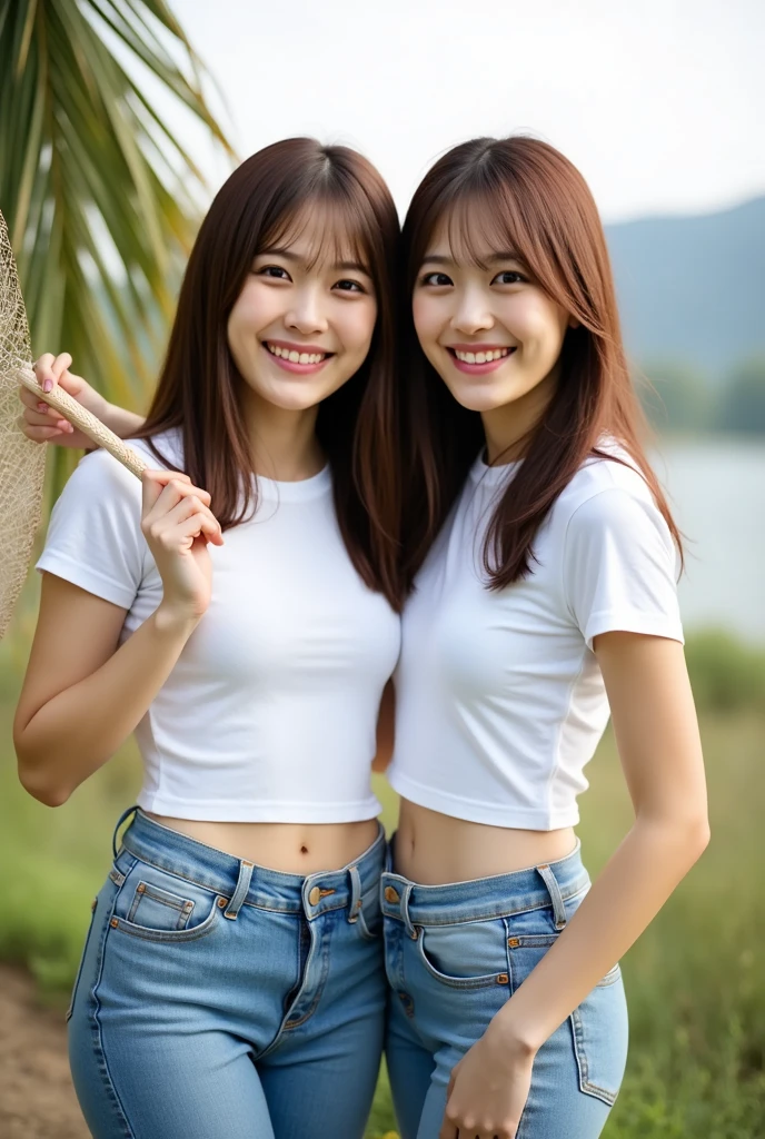 ((masterpiece)), ((high quality)), ((genuine)), ((8K))  ((two beautiful girls)) ,((White t-shirt and tight denim pants)), Japanese, 30 years old, Two Beauties, thin, sony slr photograph, looking at camera, cute, swimsuit, nature, genuine, take a pose, 超high quality, photograph, Good friend, big beauty, small beauty, parasol, String pan, thong bra, just the two of us, Palm tree, mole under eye, Moles around the mouth ((big breasts)) ,cowboy shot,((smile)) ((half up hair))  ((bronze hair)), cowboy shot