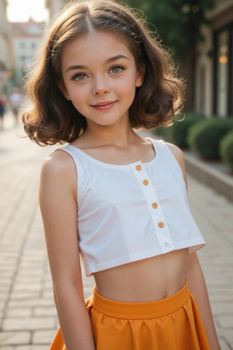 a petite 12-year-old girl, (smile:0.5), brunette, pigtail, perfect legs, European, posing on street, full_body, dslr, ultra quality, sharp focus, tack sharp, dof, film grain, Fujifilm XT3, crystal clear, 8K UHD, highly detailed glossy eyes, high detailed skin
