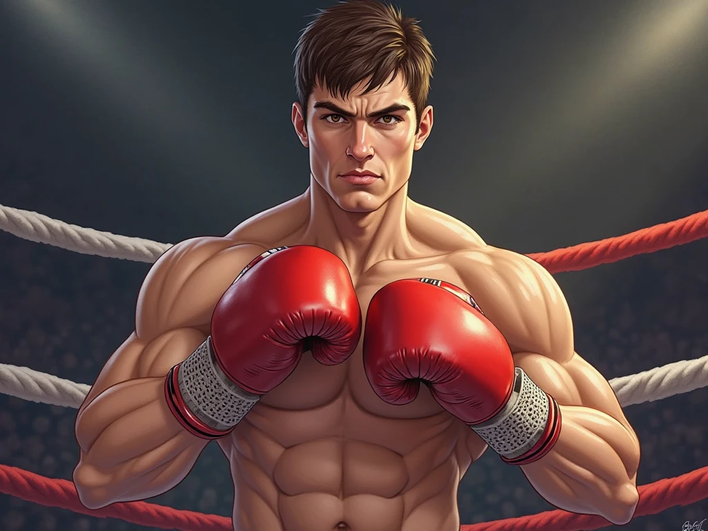 sexy mature daddy,stephen amell ,dark blond hair, stubble,beard and sexy moustache ,muscular , best quality, masterpiece, ultra high resolution, Detailed background, realism, illustration, single, muscles, Volumetric lighting, depth of field, beard, flow,wearing a boxing short , shirtless showing hard nipples , huge bulge, boxing gloves ,, martial artist, flow sweat, short dark blond hair, perfect eyes, barefoot, Boxing pose in the ring