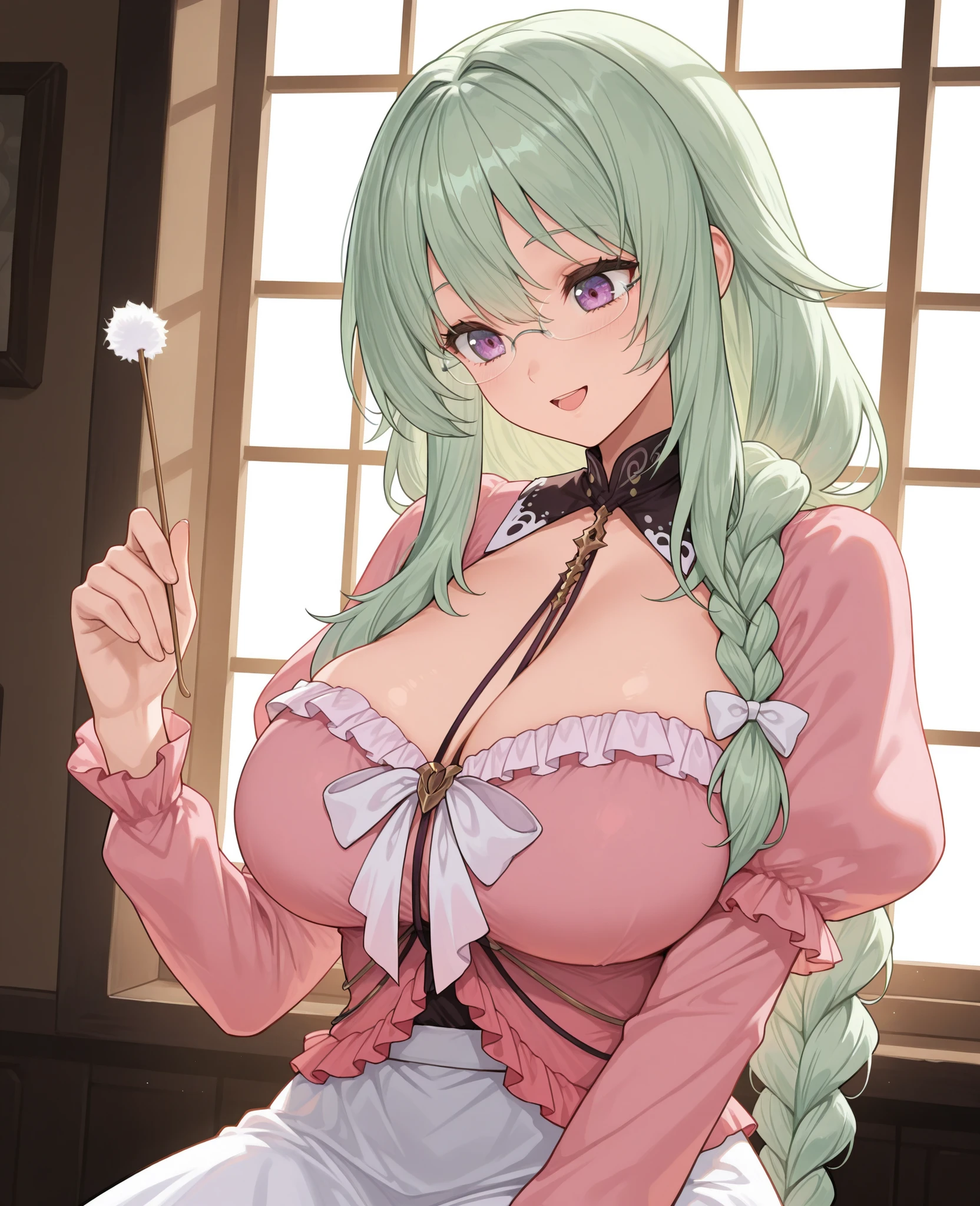 (((A girl behind the counter at a coffee shop、medium bust、lean forward against the counter、(Cute Necklaces、pale pink shirt、cute girl wearing a blouse、I can see a glimpse of my stomach、Yellow skirt、You can take off your skirt、You can see her black string panties、nude)))、smooth translucent white skin、 ((best quality, muste piece, High resolution:1.2), Super detailed, (Reality:1.37), vividness and color, ticker, studio lighting, Tits sharp focus,Physically based rendering、8K Image Wallpaper)、(very delicate and beautiful)、(masterpiece)、(highest quality:1.0)、(超High resolution:1.0)、(Precise human body structure)、(complete limbs)、(腕は2Book)、(脚は2Book)、(full finger)、(The fingers are５Book)、(slender beauty)、(Not muscular)、(((((Expressive Ace Perfect、good breasts、round chest、medium bust、cleavage、Pink nipples、pink areola、Eliminate protruding nipples、girls dragon ball bloomers、 ribbon lay hair ponytail、green hair、Not Moriman)))、excitement、(blush:1.3)、Inside the coffee shop、by the window、big window、peaceful scenery、serene landscape、beautiful scenery、stunning landscape、(big windowから見える街並みの背景)、Perfect View