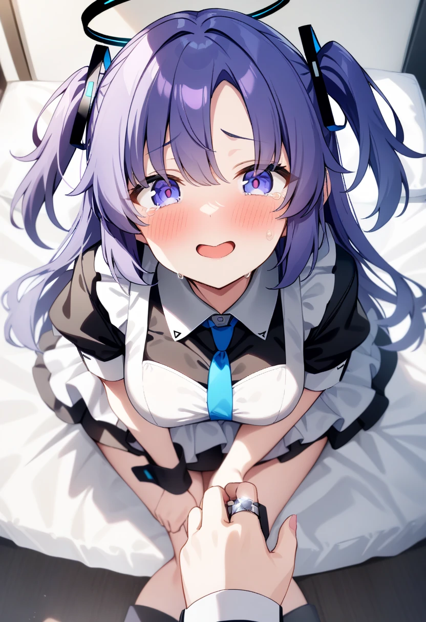 NSFW,masterpiece,Highest quality,High resolution,Super detailed,Yuuka \(Blue Archive\)、Purple Eyes、Purple Hair、Long Hair、Two Side Up、Halo,High-quality satin lingerie,Embarrassed,Frustrated face,Lust,blush,Expecting face,Seduce,(To flatter),(Sex slave),(Middle-aged men),(Having rough sex),put in,Creampie,(Squirting),heart,Office at night,From above