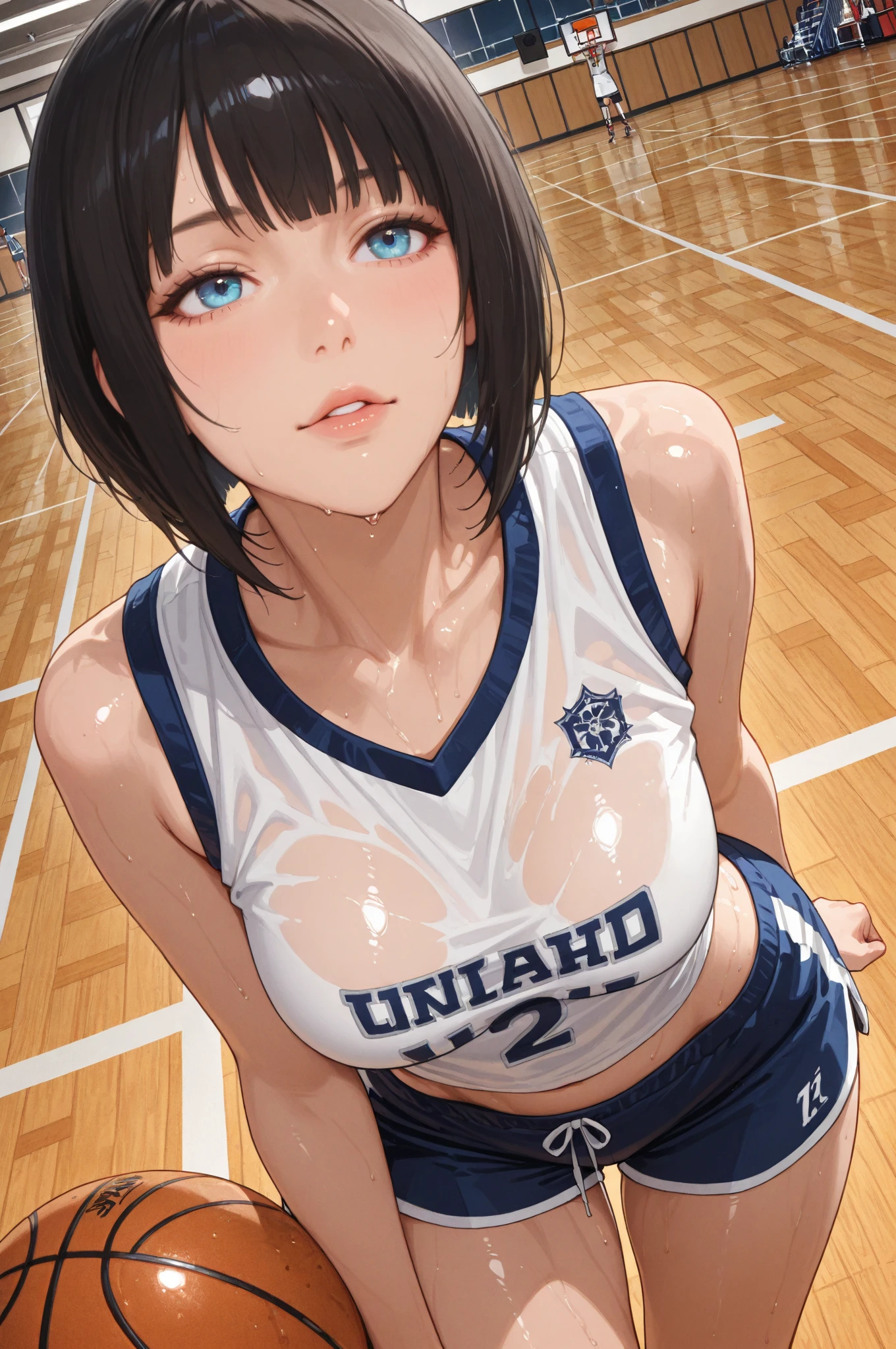 femele,12 years old,Brown hair,White and blue silk basketball uniform,Shorthair,Blue eyes,Mansuji, A smile,,I see underwear,full body Esbian, (Close Shot, Best Quality, hight resolution, 4K, Detailed Lighting, Shaders, NSFW), Smiling, ( Blushing:1.2)sitting on,Legs wide open,small tits,