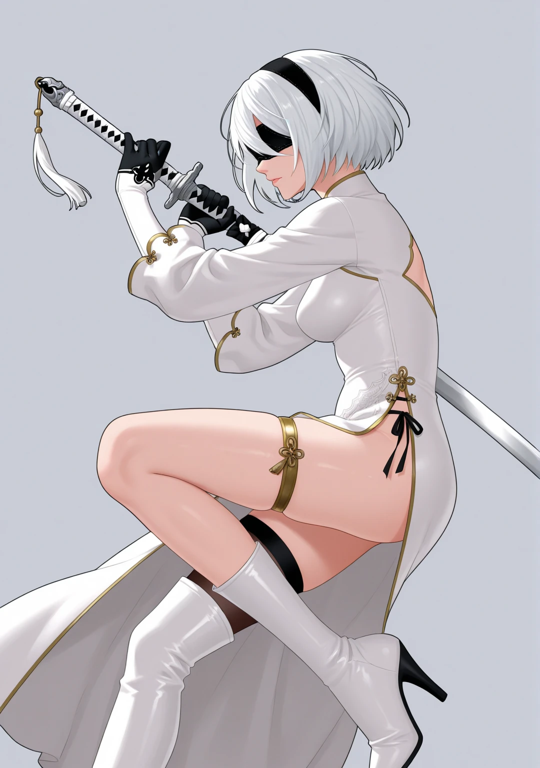 Girl with white skin. short haircut, black hair. black eyes. Long legs. Dressed in black underwear and a black translucent robe. There are a lot of notepads and surgical instruments around her.. sly facial expression. 