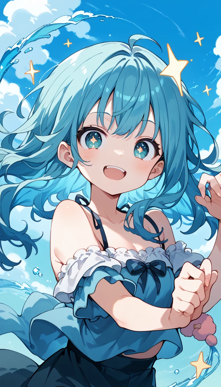 ((masterpiece、Highest quality))woman、Cleavage、cute、cute、belly button、My Favorites 、alone、Idol、Light blue skirt、Light blue hair、Short Bob、Bright Blue Eyes、Blue Ribbon、Scrunchie、Pleated skirt、smile、necklace、fish、smile、dance、sing、sight、Sparkling、Red cheeks、vocalist、Pretty Cure Costume、 Loud cheers、Surrounded by music、cuteポーズ、splash、
