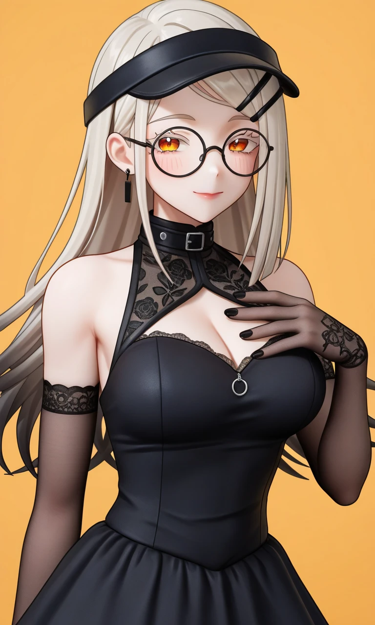 High resolution、perfect skeleton、perfect fingers、perfect face、20 year old female、shiny hair quality、beautiful blonde、straight hair、Glasses、Glasses Beauty、night、meeting、gothic dress、dinner、date、Finished work、earrings、necklace、full body portrait