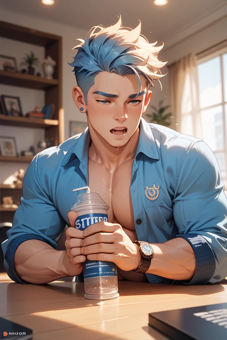 Green hair　red eyes　Black-rimmed square glasses　male people　BL　erotic
Toned body　short-haired