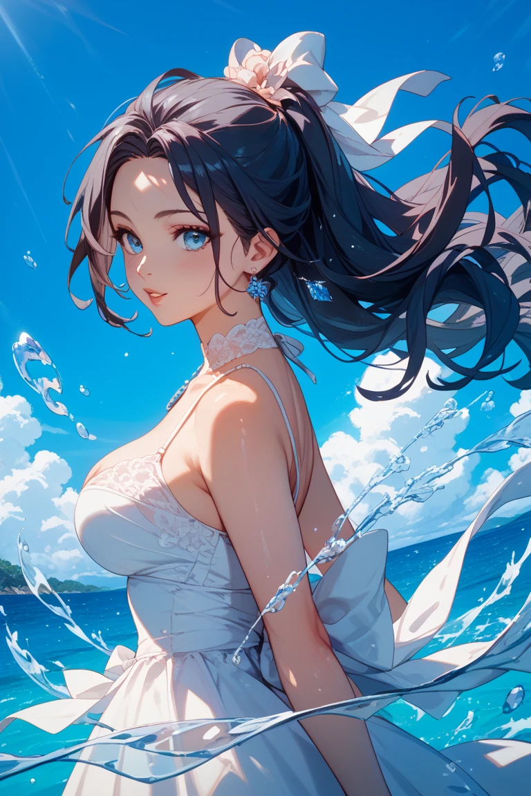 ((dark fantasy)), ((wavy hair, pale skin),((light blue eyes)), freckles, warm light,( 16 years old),busty,Glamour,Gorgeous,monochromes,erotic posing,Dynamic Posing,Arrange Pose,Dramatic,Cinematic,Detailed background, Dynamic Angle,From the angle of the film,Gothic background, Dark fantastic view,Best Quality,masutepiece,8K,The ultimate detailed dark background, Top image quality、RAW photography、超A high resolution,cropped shoulders, overall look is very erotic、Shot for one person only, model shoot, Large round chest, Beautiful Eyes of Details、Very slender eyes、Beautiful eyelashes、Very slim physique, with blush cheeks,Pearl Beaded Bralet Top, ((pearl top)), opal pearl in hand