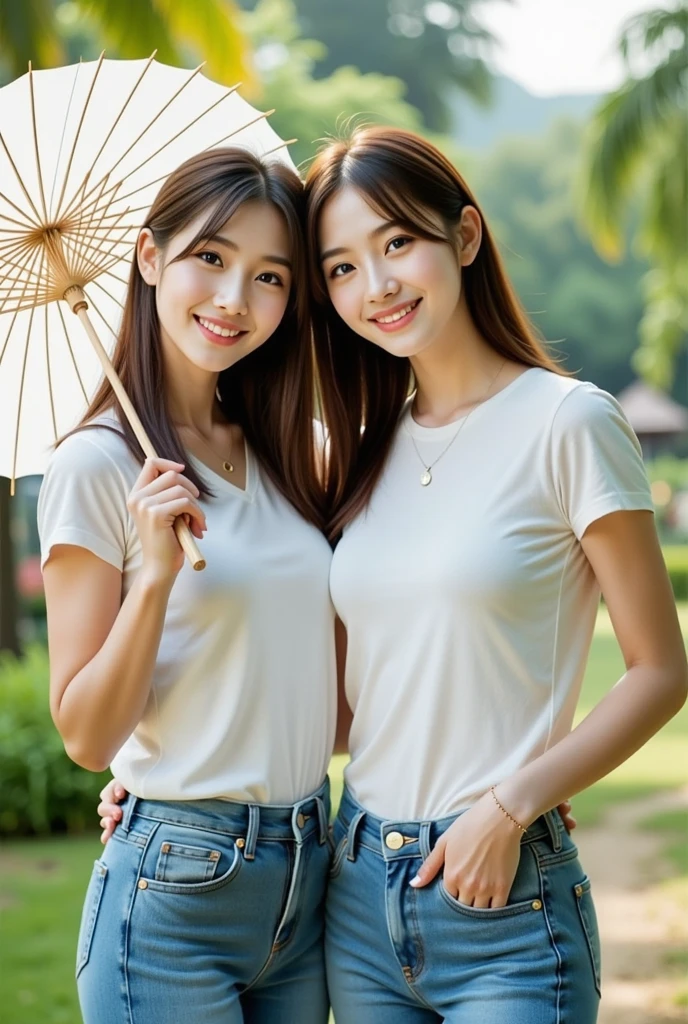 （超高分辨率，RAW photogr，realisticlying，tmasterpiece，best qualtiy：1.4），Complicated details，2 20 year old Korean girl，Wear a loose black T-shirt and skinny jeans，Stand on the grass and take pictures，hugs，Intimate relationships，Detailed meadow，A sweet smile on a small face，Ultra-realistic facial details，The face and skin are pink and white, and luminous，Playful and coquettish pose，The calves are straight and slender:1.2，Wear high-end brand sneakers:1.0，eventide：0.3，Broad lighting，naturalshadow：1.0，超高分辨率，taking a full body photo:1.8 --auto
