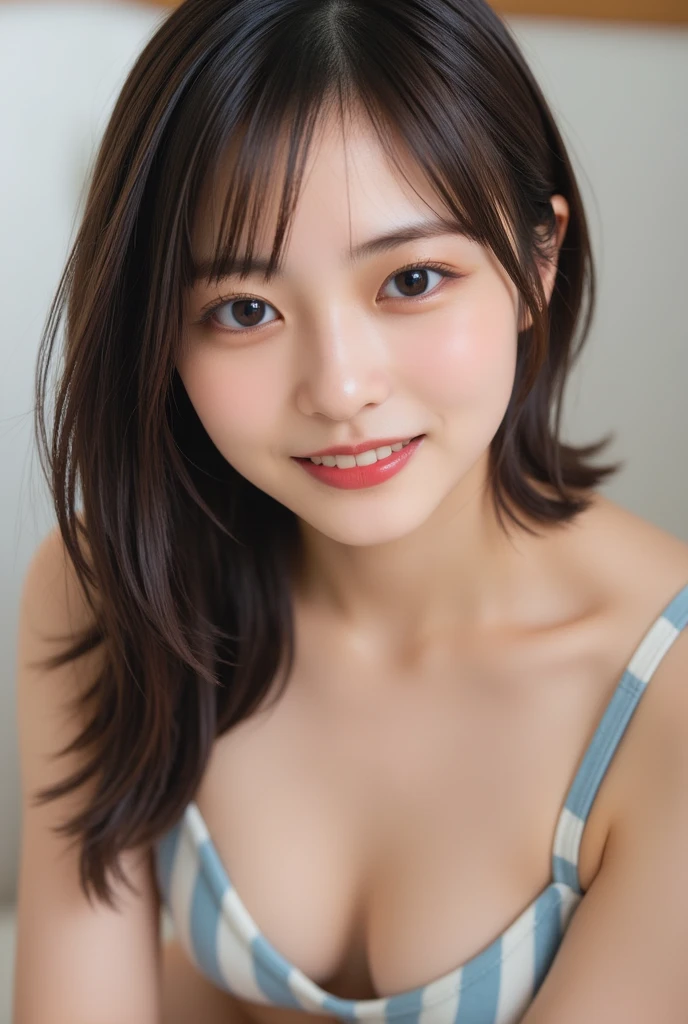 nfsw、table top、masterpiece、1 girl、(close up of face、cowboy shot)、View from the front、Japanese、very young cute woman、(the cutest girl in the world)、18歳のCompletely naked学生、face becomes smaller、big and full breasts、((Completely naked))、smile at the cafe、Scrunchie、thin necklace、glamorous look、super cute face、glossy lips、double eyelids in both eyes、 natural makeup、long eyelashes、shiny smooth light brown hair、bangs、short hair with twin tails、非対称のbangs、center image、8K resolution、advanced details、detailed hairstyle、detailed face、great movie lighting、octane rendering、vibrant、Super realistic、perfect limbs、perfect anatomy、naked,((Full body figure))