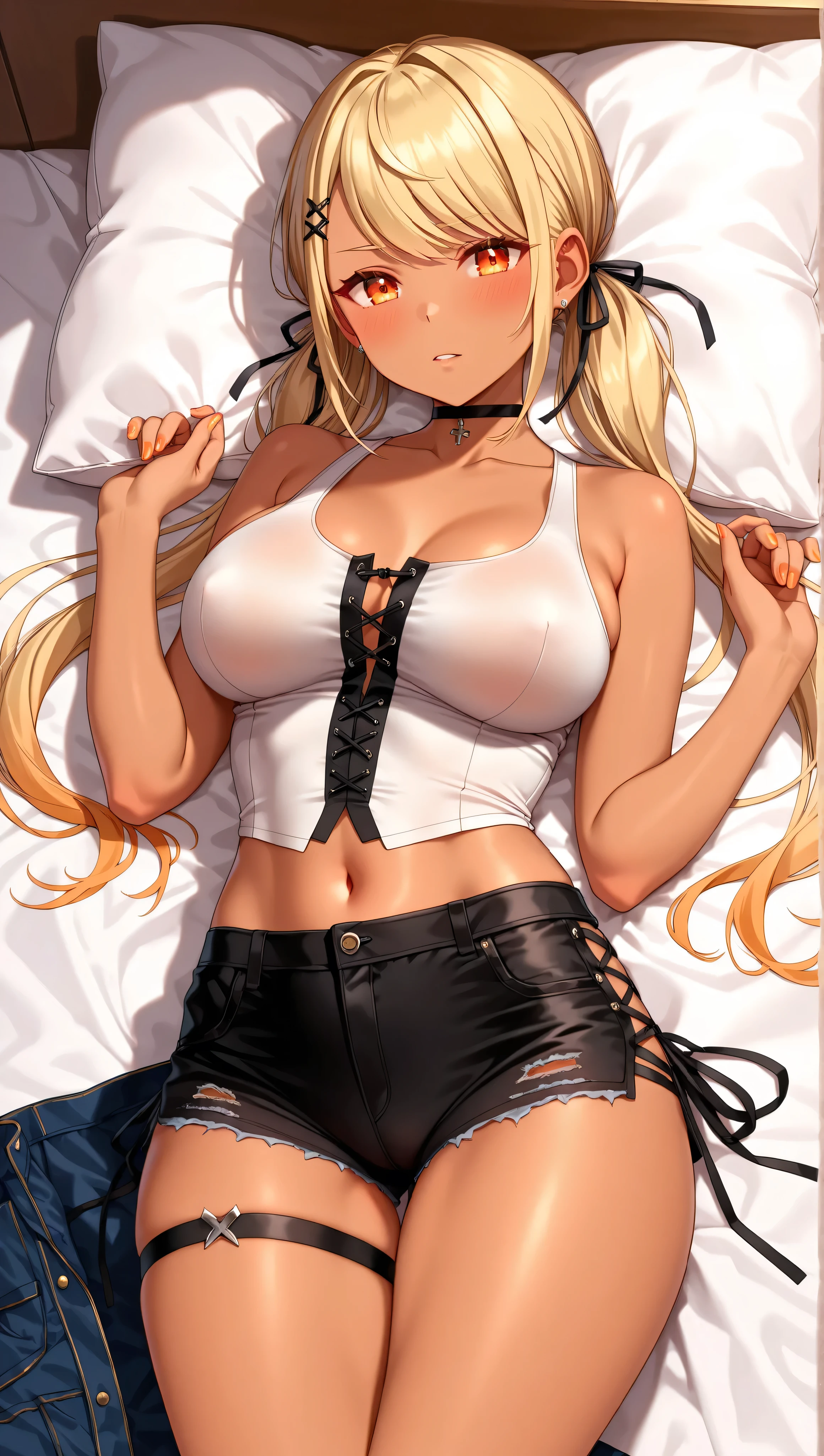 (highest quality, High resolution, perfect pixel, Depth of bounds written, 4K), detailed eyes, (1 girl), perfect body, medium breasts, blond hair, (side ponytail), (white t-shirt lift:1.2), (show off bra), (v-neck), (black suspender skirt), necklace, (kneehighs), bellybutton, (standing), breast hold, (looking up), blush, embarrassed, wet,