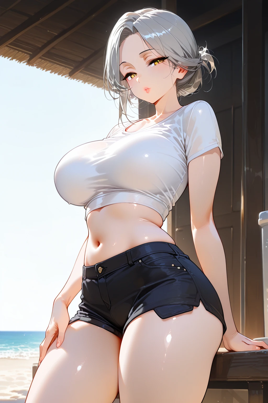 Women from the Dairy Cow Tribe have sexy bodies, white hair, and very large breasts. Wear a white t-shirt and tight shorts.