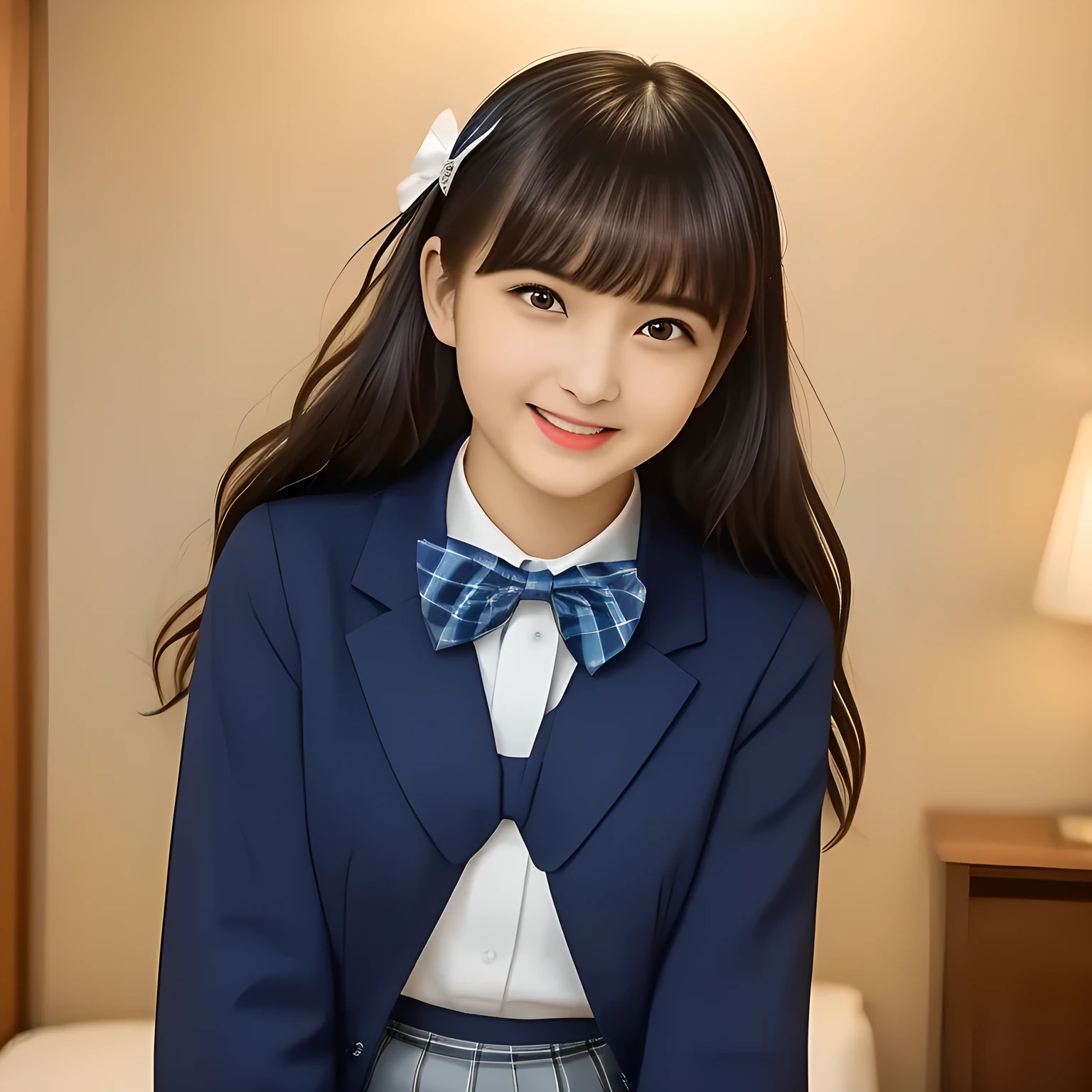 (highest quality, masterpiece, clearly detailed:1.5), highest quality, High resolution, 1080p, 8K, (Too beautiful ((purest)) ((sweetest and cutest)) ((beautiful girlish and Evolved with grace)), ((Too much beloved)) noble grown beautiful beautiful girl with detailed, Japanese, 155cm height, ((svelte silhouette)), Cloistered beauty, dreamy appearance, with detailed: 1.7), (laughing white face with unreal beauty, overflowing with translucence: 1.8), ((Neatest (navy colored) blazer school uniform, shiny-blue bow-tie, school navy pleats plaid skirt with detailed): 1.8), (Too beautiful ((cute large brown prominent eyes)), ((prominent droopy eyelid)), gazing up, and neatness charm the viewer), ((purity and neatness of pristine uniform is very impressing), focus on her beautiful face with detailed: 1.8), (black super-long wavy hair, bangs trimmed carefully, neat tight long hair: 2.0), (promotion of hotel, most intelligent girl contest winner: 2.0)
