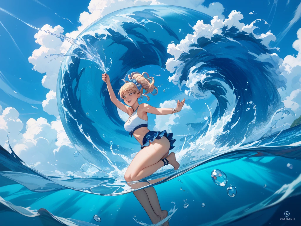 (Best quality, masterpiece), 1girl, the waves split in half, the girl walks in the waves, the figure swayes, facing the audience, long legs, short skirt, wind, seabirds