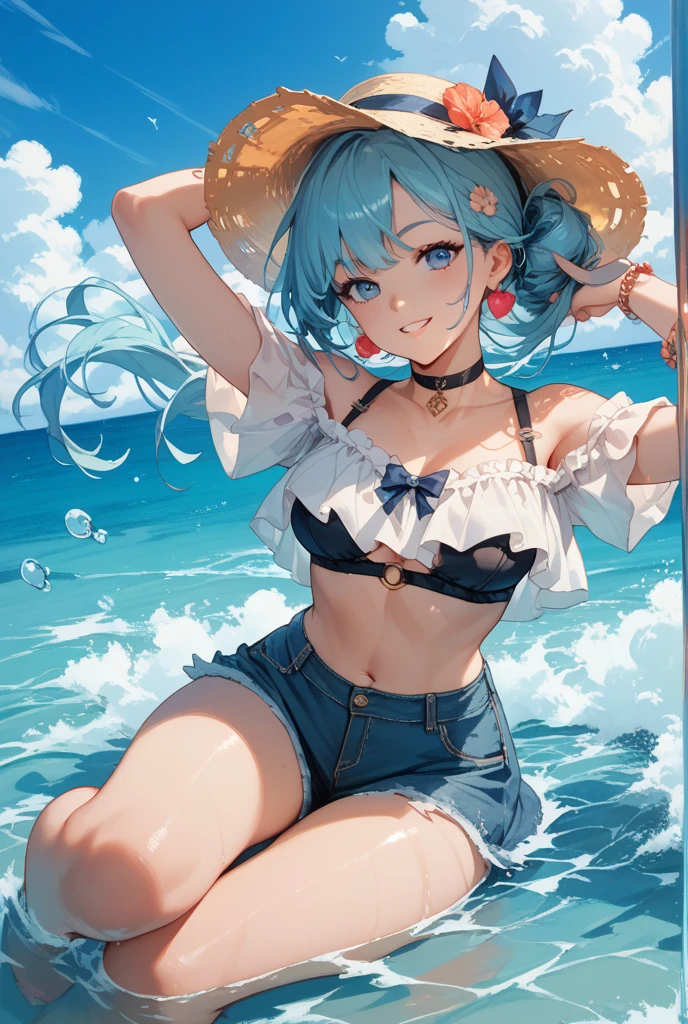 1 girl, Philfia Ingram, Solo, chest, looking_at_viewer, blush, mouth, lips, smile, bangs, light blue hair, light blue eyes, large_breasts, bow, ribbon, navel, cleavage, focus on breasts, taking one in her face, string, legs, thighs, on face, in, blue underwear, standing, ((body getting wet)), water on legs, ultra detailed water, ultra realistic water, wave effect, beautiful day, blue sky, clouds, sun , birds