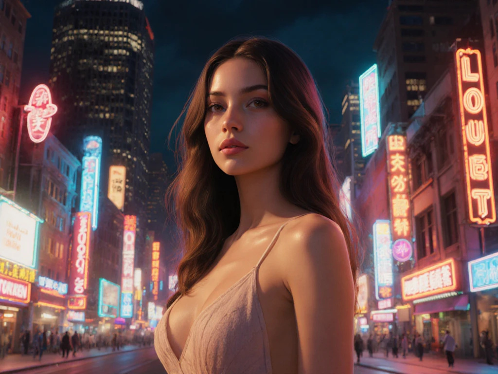 Masterpiece, Jennifer Connelly, cowboy shot, wearing sexy silk dress, perfect detailed eyes, on the balcony of a loft in New York City at nigth with buildings and lights in the background bringing an elegant and modern air to the scene, delicate smile on your face