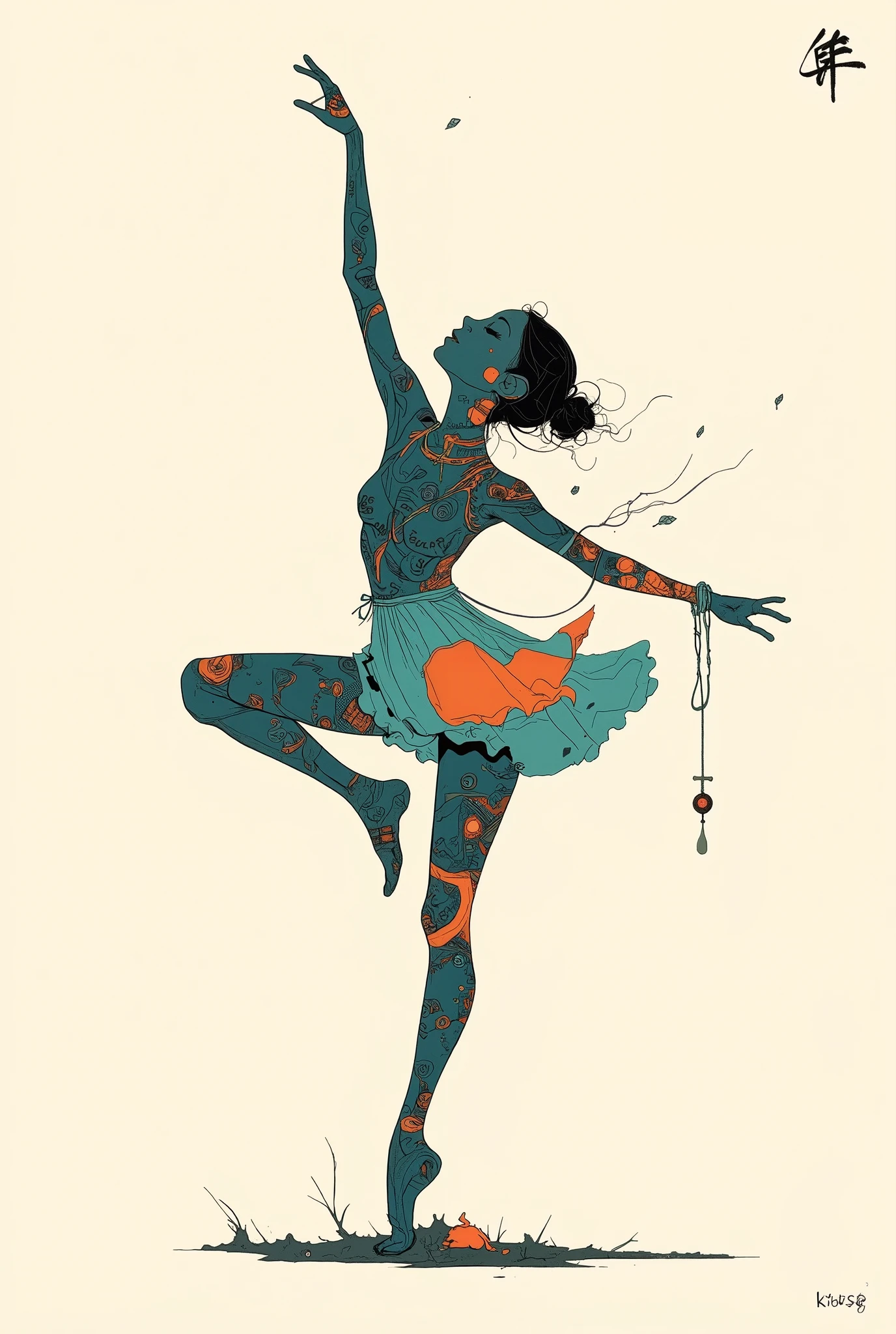 is balance and It creates the impression of a calm pose. Standing with one hand、standing with the opposite leg split and stretched upward. The silhouette of the dancer is filled with vivid and dynamic color combinations, , which exudes cuteness and playfulness, Teal, orange, And red , pose。embodies interlaced text. The background is neutral , in、in subtle contrast with the colorful figure, casts a gentle shadow under the dancer. The overall composition is 、abstract art depicting dancers in an elegant manner rewarding poses. the lighting is soft, The modest text on the bottom corner, enhances the visual impact of the. 。This work is、artistic freedom and expression, standing with the opposite leg split and stretched upward. small, light beige "Kiro Huang."