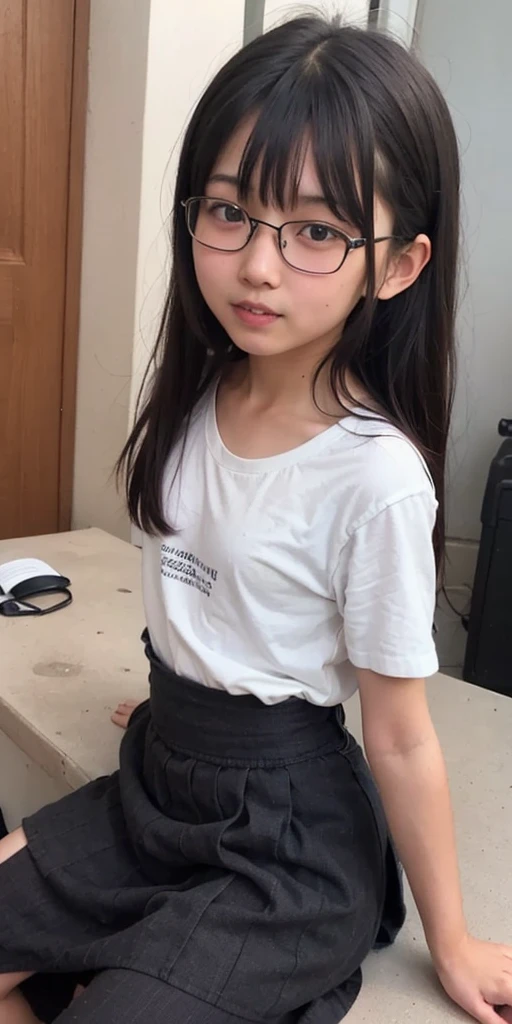 An eight-year-old girl in white leggings, cargando un bolso color negro, leggins color blanco, tenis blancos, top color blanco, Animal colgado, peinado Cola de caballo, cinta, 8-year-old girl in a school office, de pie, esperando,