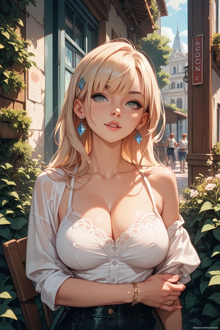 (best quality, 4k, 8k, highres, masterpiece:1.2), ultra-detailed, (realistic, photorealistic, photo-realistic:1.37), beautiful woman, demon horns, perfect slim fit body, (huge breasts), gorgeous eyes, designer printed blouse, jeans, city park, late afternoon