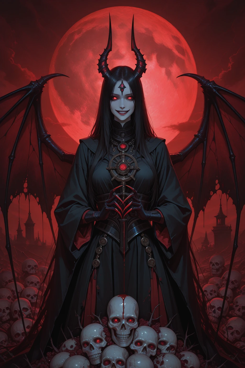 (masterpiece, best quality, high quality, highres, ultra-detailed), <lora:OilAbstractDarkFantasy:0.7> , black, blood, 1girl vampire, moon, mountain, oil painted, upper body