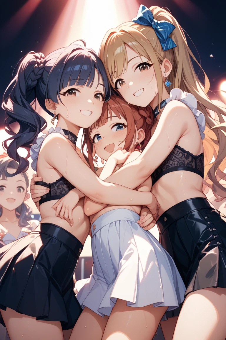 Idol、Light brown hair、Silver Eyes、smile、Full body view、Idolステージ、audience、Cleavage、Miniskirt、Thighs、Panty shot、Bite into again、Embarrassing、Blushing、belly button、Belly button、Slim body、Skinny