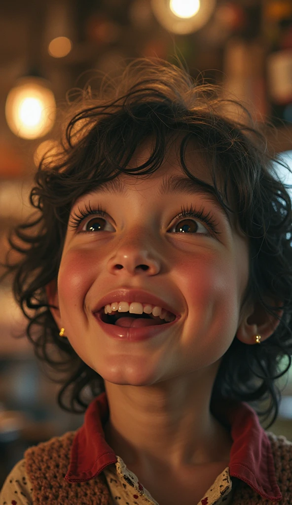Uma imagem detalhada de um feliz, child laughing with his eye open, White child, 8k definition, Photorealistic rendering, cores ricas, usando o Cinema 4D.