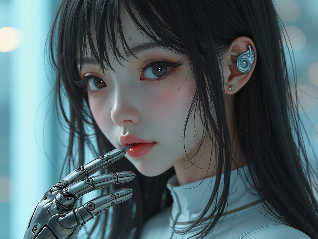 (4k ,ultra detailed,raw photo:1.2),(realistic:1),(photorealistic:1),
(solo:1.2),(from side:1.3),(face:1.2),(facing away,looking at viewer:1.5),(peace hand sign,right hand,finger touching nose:1.2),
(attractive,absurdres:1),smile,
(simple background:1.5),(white background:1.4),
(indoor,science fiction,cyberpunk ,concrete,shiny,reflection:1.2),
(jacket:1.3),(bionic eyes:1.4),(red eyes,glowing eyes:1.4),
(gray hair:1),(braided hair,ponytail:1),(colored inner hair:1.2),(ear piercing:1.4),
(supermodel:1.4),
(muscular:1),(wide hips:1.2),
<lora:hipoly3DModelLora_v20:0.2>,
<lora:flat2:-0.5>,
<lora:zyd232_CyberneticJawless_v1_1:1> ,(Cybernetic_Jawless:1.3),
<lora:koreandolllikenessV20_v20:0.4>