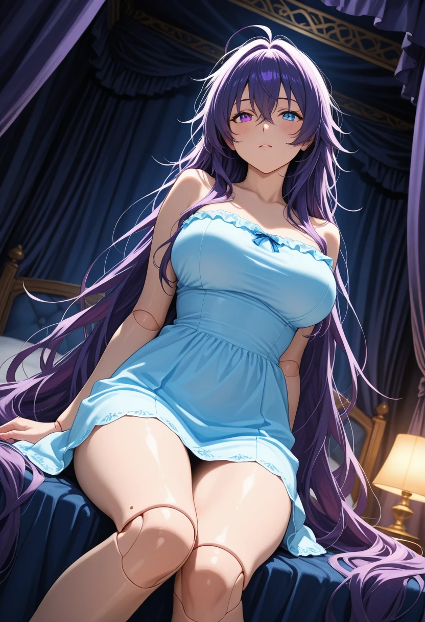 Single, one_girl, Teen Starfire, shiny_dress, pink_silk_glossy_fabric, skinny, thin_legs, lace, nightwear, glossy_fabric, shiny, green_eyes, dark_skin, short_dress, cleavage, glossy_fabric, long_red_hair, skinny, bedroom, gentle_smile, blushing, beautiful, female, high resolution, 8k