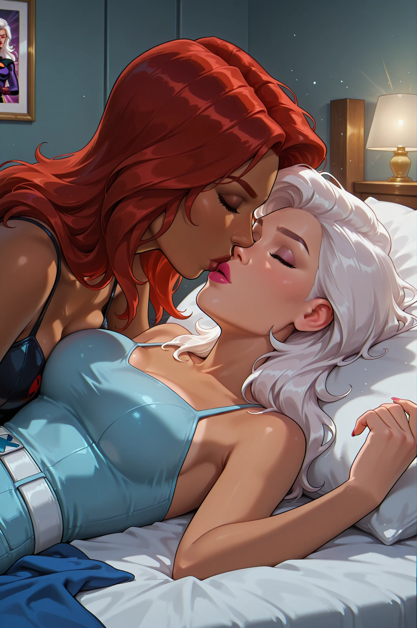 Emma Frost the White Queen of Marvel, is together with Madelyne Pryor the Goblin Queen and Psylocke of Marvel, they are sexy and seductive, with a lascivious and provocative appearance, the Goblin Queen of the X-Men is sitting in a luxurious chair, Psylocke is in standing next to the Goblin Queen, Emma Frost is lying on her side on the carpet, at the feet of the Goblin Queen, Emma Frost is sensualizing. Topless, big breasts. luxury mansion bedroom, detailed window. Work of art, UHD, ultra detailed, perfect bodies, beautiful legs.