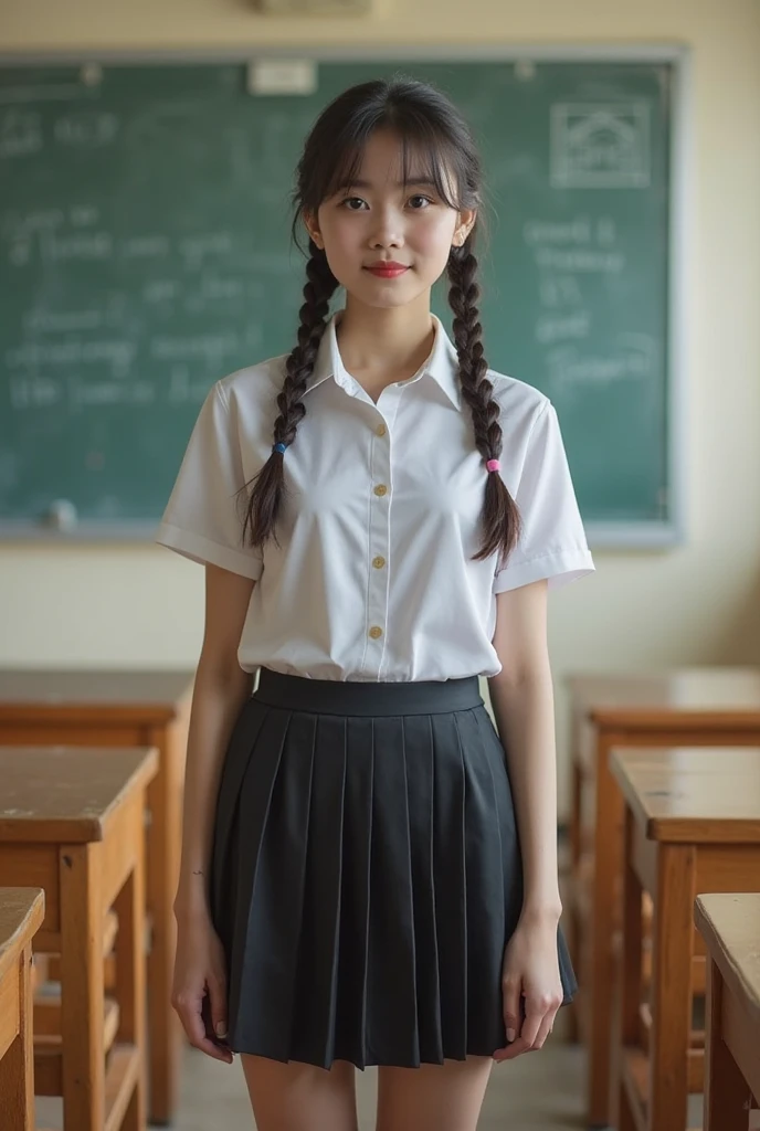 1970s era, 1970s hairstyles and fashion style, shot on 35mm film, An extreme low angle captivating photograph taken from the ground level below of a 16 year old asian high school girl, with perfect face and perfect body, posing indoor from behind her classroom's window. With her long, tied-back hair flowing gracefully, she dons a humble uniform, white short sleeves shirt with brown badge on the left pocket, grey pleated skirt and thin black belt, and a black school bag, she gazes intently at the camera, exuding an enigmatic aura. She is looking directly unto the camera with lost look and a slight smile, with film grain, muted colors, cinematic lighting, professional high definition photography style ,fotorrealista