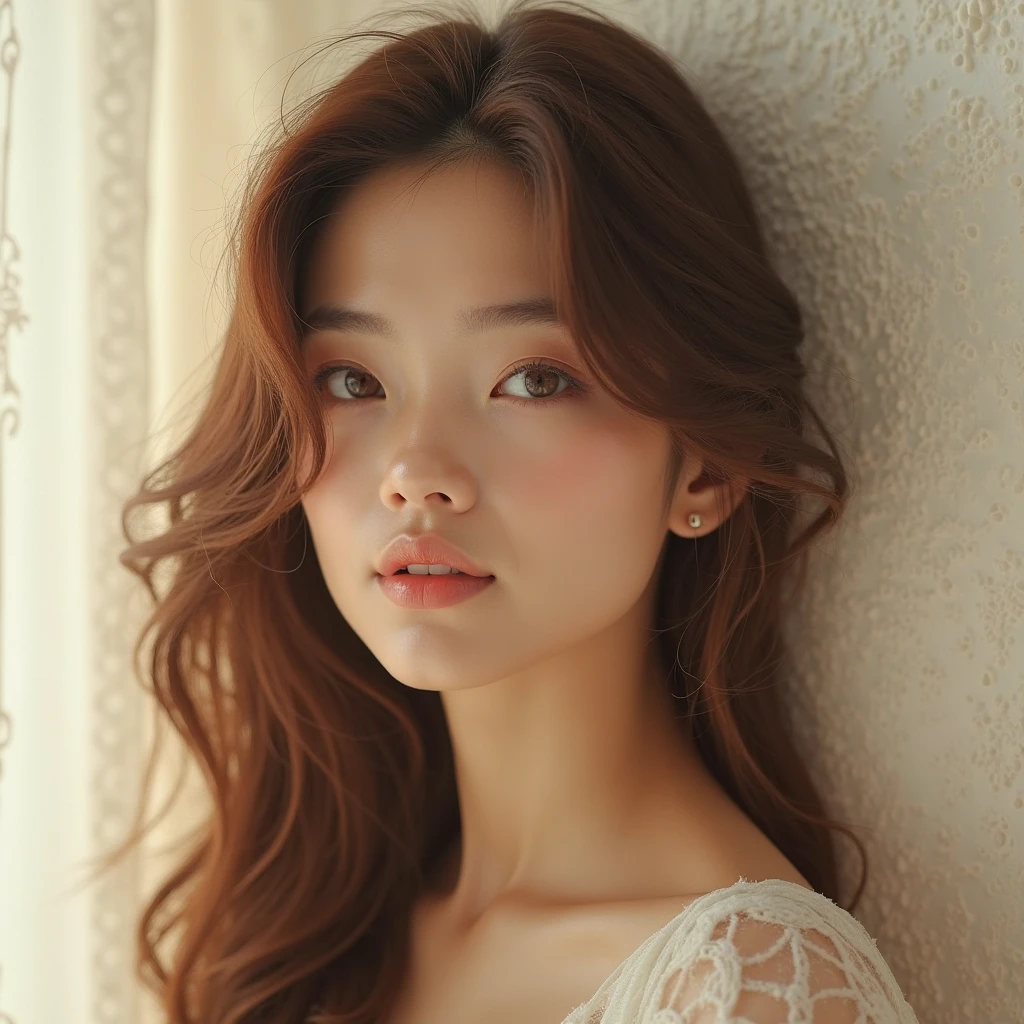 beautiful woman brown hair, neutral background  ultra realistc, 4k, cinematographic,