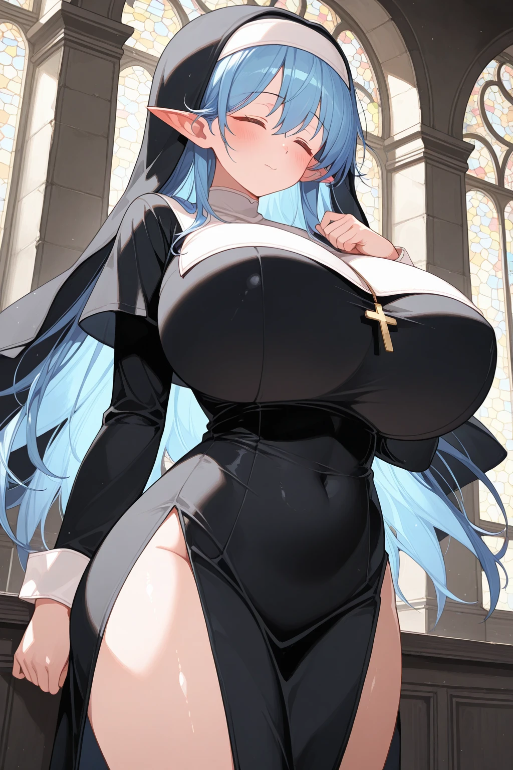 Expressive eyes, (((1 Girl))), ((anime)), (Black Hair, Long Hair,), (blue eyes), (Half closed eyes), ((Very large breasts)), ((Side bust)), ((Cleavage)),(Exposed breasts), ((Exposed thighs)),((服のCleavageに穴)),((mesh,Mesh,Nun's clothing)),Deep slit, ((High Slit Skirt)), ((Blunt bangs)), ((white, Race)), ((Western-style building,corridor)), Captivating smile, Princess Cut, Shiny Hair,,(masterpiece), Anatomically correct art, Very detailed, Advanced Details, high quality, 最high quality, High resolution, 4K, 8K,,(Squat,Spread your legs)