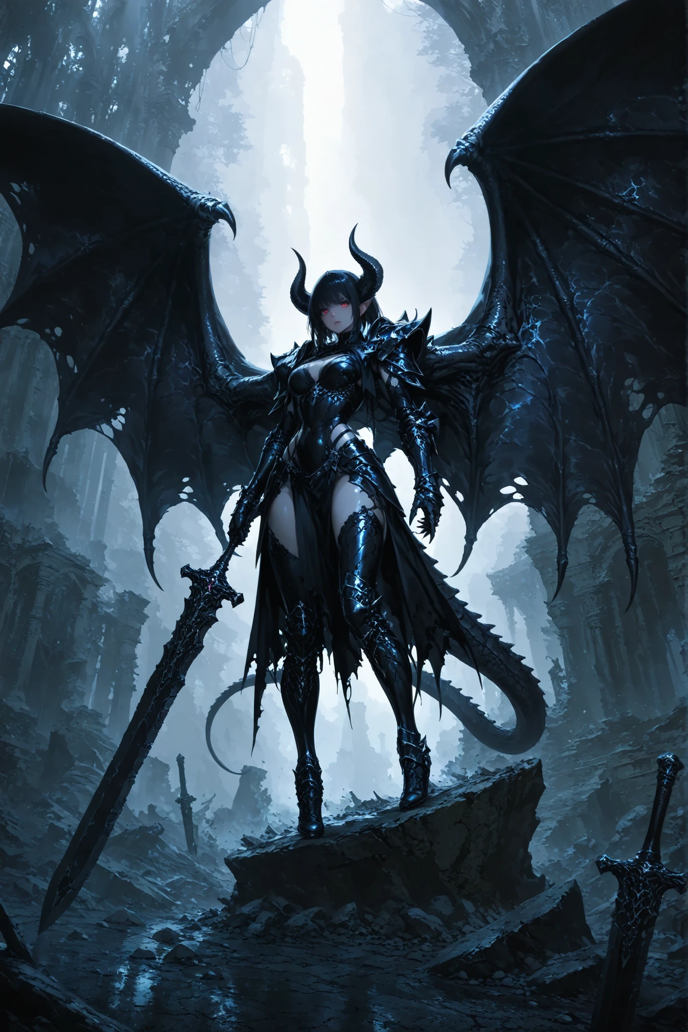 High Quality, artistic masterpiece, RAW Photo Quality, Dark Fantasy, Warrior Gargoyle Girl, Rock Surface Texture, armored outer skin, Giant Wings, Pointed claws and horns, battle suit, Ruined Citadel, Broken Sword, Misty Background, Dramatic Lighting, Epic