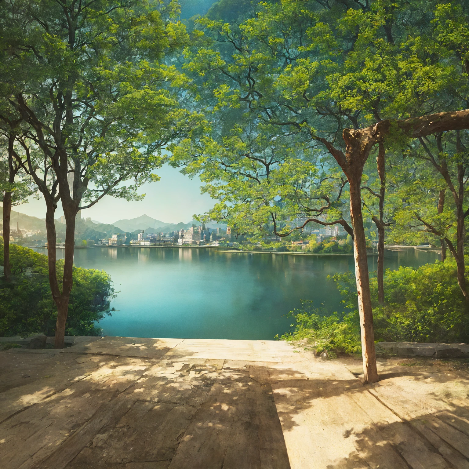 Amazon rainforest in Brazil, vista do alto com lindo o sol amarelo forte, with round, bluish, clear and deep lake, with very tall trees reflected in its waters;, birds flying in flocks enjoying the sun, blue skies, com poucas nuvens, lindo, sol maravilhoso, 8k cinematic, Reflections of blue and green hyper-reality in various shades, trees touching the edge of the lake, Difusa (reflexo de vidro ultrafino) e realismo