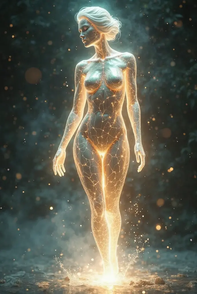 Humanoid creature with a female body 
Creature without a face
No face
Flat face
Flat face
No face, no face, no facial features 
Body made of pure and brilliant energy 
Creature made of energy and only energy 
Bright energy very bright dazzling 

