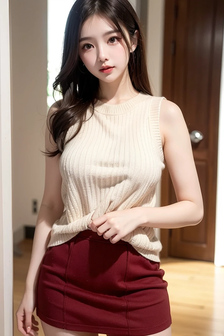 (Detailed skin:1.2),(Shiny skin:1.1),8k,highest quality, masterpiece, Ultra-high resolution,(Realistic:1.4), RAW Photos,(Soft Saturation:1.3),(Fair skin:1.2),One Japanese idol,repair,20 years, Brown Hair, Medium Hair, Asymmetrical Hair, Wavy Hair, Asymmetrical bangs
(Pretty face:1.4), (Ample breasts, Tight waist), Beautiful lighting, Small Head,
(High Waist Mini Pleated Skirt:1.2, Short turtleneck knit:1.2, Korean Fashion:1.2), (belly button:1.2, Slim Abs), Highly detailed face, Highly detailed lips, fine grain, double eyelid, Smiling, Full Body Shot, Browsing Caution, Sharp focus: 1.2, Beautiful woman with perfect figure: 1.2、Random Pause,Sitting hugging your knees、With legs apart