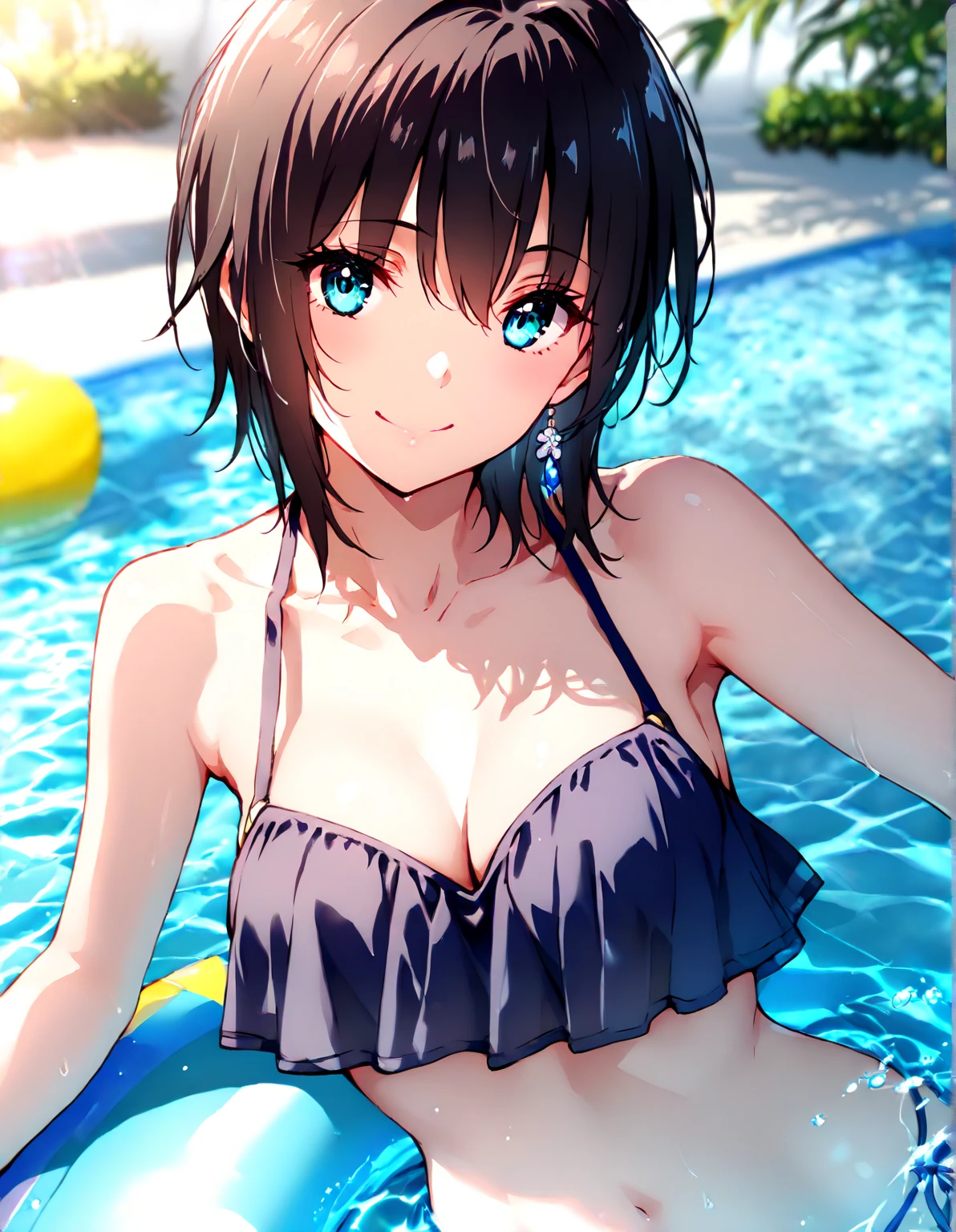 Japanese Girls with white bikini ,15years old, short hair、Smile、boyish, poolside, (covered) puffy nipples, cameltoe