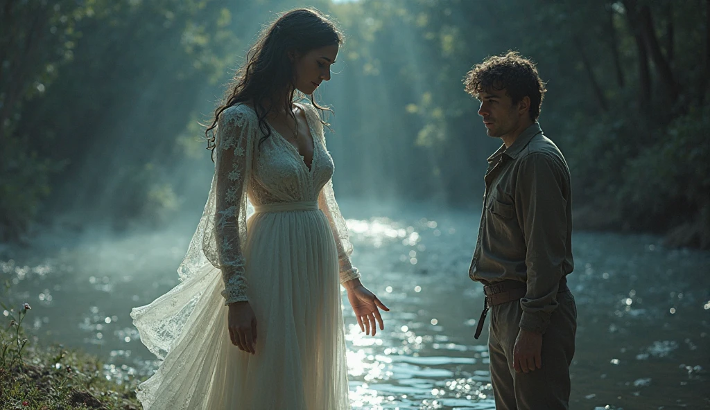a young white male and young female dressed in formal clothes, dancing waltz in shallow water of a grotto, candles, flower petals, intimate, romantic mood, beautiful detailed eyes, beautiful detailed lips, extremely detailed eyes and face, longeyelashes, elegant ballroom dance, intricate dress, flowing dress, water ripples, mist, dramatic lighting, moody lighting, warm colors, golden hour, soft focus, photorealistic, highly detailed, masterpiece, beautiful faces, detailed faces, nordic faces