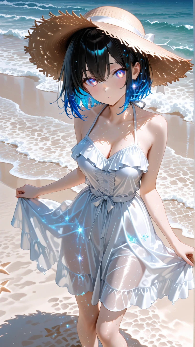 (((There are lots of people in swimsuits in the background)))、(((Silver bob with a bluish center))) (Square frame glasses)、 (((Sparkling blue eyeid-chest)((Swimsuit with skirt))(Background sunset beach)
