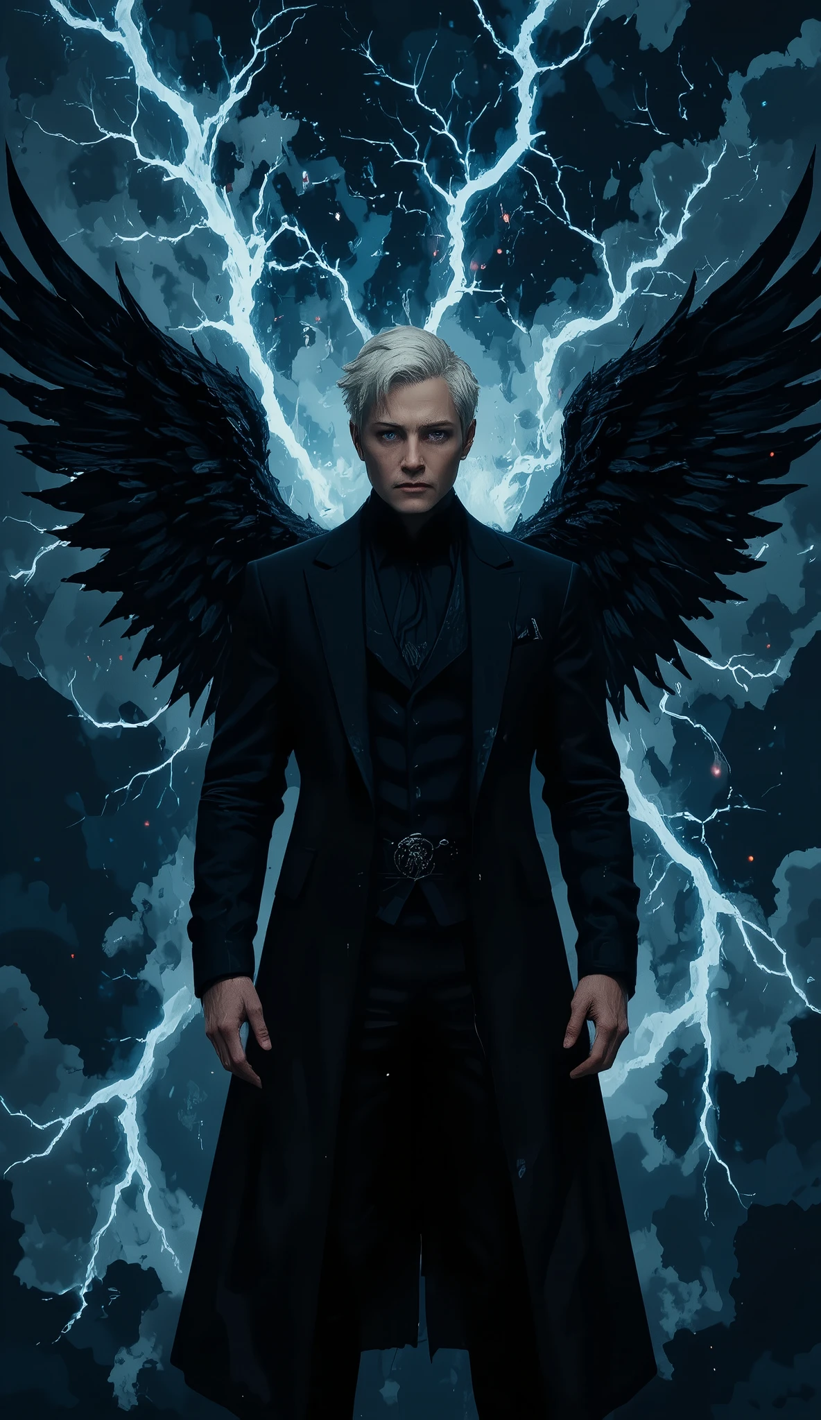 mystical scene, in the style of dmai, apocalyptic setting with lightning and a winged figure, churning smoky clouds and blue elements,monochrome silhouette art of a confident man with short, 35 year old male, white hair and bright blue eyes behind sharp aquiline facial features. He is impeccably dressed in a sleek, black, high-collared coat and tailored vest with intricate angelic script in silver, giving him an elegant yet mysterious appearance. Slim but tall proud with majesty, large wings spread outward glowing with blue fire, illuminating the dark, cosmic background with shades of indigo and purple. The lower part of his coat appears to be smoking, adding to the dramatic, supernatural atmosphere. The overall scene is intense and otherworldly, blending elements of dark fantasy and celestial power, nobility mixed with something one shouldn't see. .The overall composition emphasizes the powerful and mysterious presence of the vermilion bird with strong contrasts between black shadows and a light-gray washi background creating a sense of depth and otherworldly beauty, silhouette, UHD, masterpiece, super detail, high details, in the style of dmai, 8k, best qualitydark fantasy, horror art, dark theme, dark and atmospheric backdrop, illuminated from behind by lightning creating a powerful silhouette, intense and otherworldly atmosphere, front view, highly stylized composition, well-defined focus on central figure.